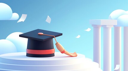 Wall Mural - Graduation cap and diploma icon on podium with sky background