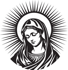 a black and white vector logo of a portrait of mary, mother to jesus christ on an isolated backgroun