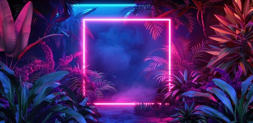 Wall Mural - Vibrant tropical plants surround a glowing neon frame in the garden. Focus on modern aesthetics and nature.