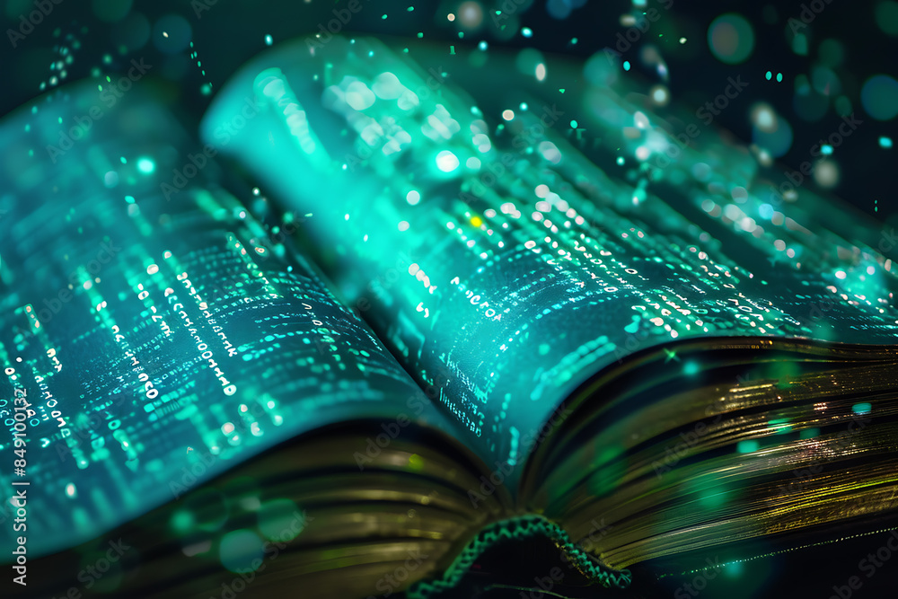 a futuristic magical book covered in binary code, combining magic and ...