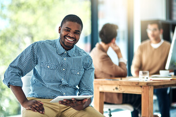 Poster - Tablet, happy and portrait of black man in office with leadership, confidence and pride for career. Smile, manager and African male graphic designer with digital technology for research in workplace.
