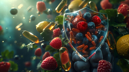 A creative scene where a shield-shaped organ is encircled by protective vitamins and antioxidants, emphasizing a healthy immune system.