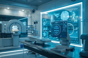 Leinwandbilder - A sterile and modern medical laboratory featuring a high-tech scanner displaying patient data on a large screen, showcasing the use of AI in advanced medical diagnostics. Generative AI