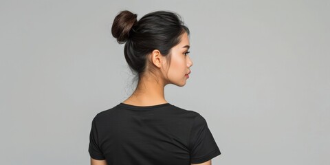 Wall Mural - Side profile of a young woman with dark hair tied back, wearing a black shirt, standing against a light grey background.