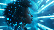 © Maksym - A captivating scene featuring a black African American female cybersecurity analyst leveraging AR and AI to protect against cyber threats, with a side profile and blue copy space f