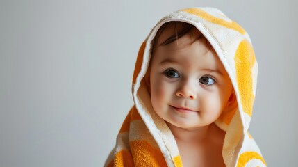 Poster - A baby with big brown eyes is wrapped in a towel.