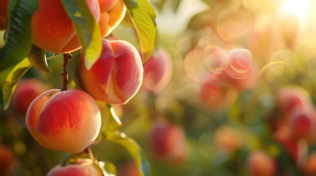 Peaches hanging on the tree in an orchard on a sunny day, with a blurred background, in a closeup of the peaches, using focus stacking.