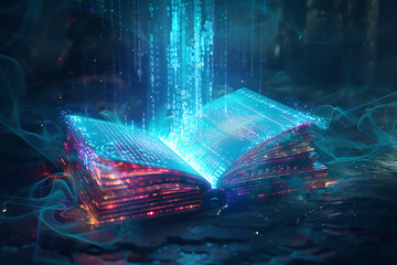 Wall Mural - a futuristic magical book covered in binary code, combining magic and science. mystical symbols and technological patterns, highlighting the fusion of technology and magic