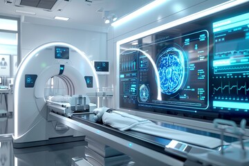 Leinwandbilder - A modern medical laboratory with a high-tech scanner analyzing patient data on a large screen. The scanner is used to diagnose and treat patients. Generative AI