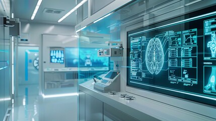 Leinwandbilder - A modern medical laboratory with high-tech equipment, including a large screen displaying AI-powered diagnostic tools analyzing patient data. Generative AI