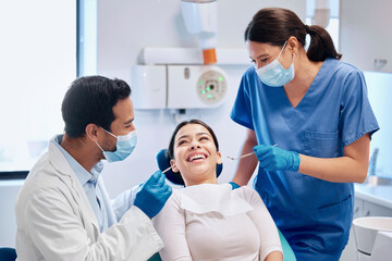 Wall Mural - Woman, doctor and dentist with patient in clinic for consultation on medical advice hygiene for dental care or cleaning. Happy, people and orthodontics for teeth whitening or braces with treatment