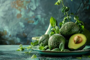 A plate of fresh avocados with leaves and herbs, set against a textured green background for a natural, organic feel.