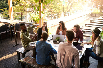 Poster - Creative, meeting and business people in cafe for planning, strategy and startup project development with teamwork. Collaboration, men and women in coffee shop with laptop, ideas and design workshop