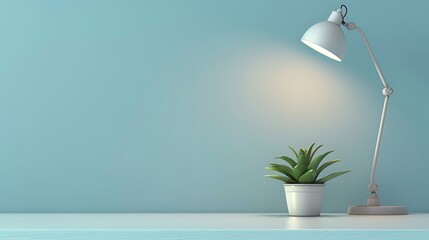 Wall Mural - Side view of desk arrangement portraying table lamp and small flowerpot with succulent plant on Blue wall background