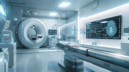 Leinwandbilder - A clean, modern medical laboratory with advanced equipment, including a high-tech scanner analyzing patient data on a large screen. Generative AI