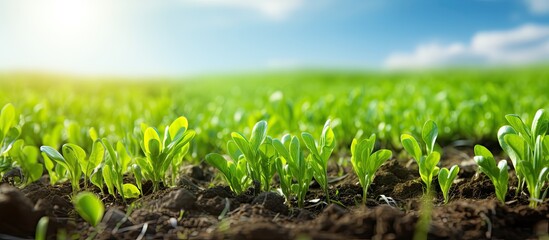 Wall Mural - Green field of agricultural seedlings background. Creative banner. Copyspace image