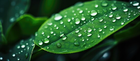 Sticker - green leaf in rainy day with droplet of rain. Creative banner. Copyspace image