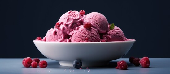 Poster - Berry ice cream in white bowl. Creative banner. Copyspace image