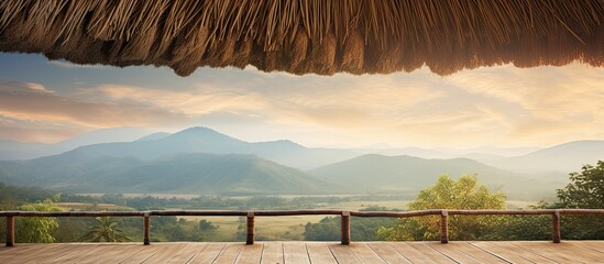 Poster - thatched roof with hill view from lombok. Creative banner. Copyspace image
