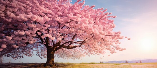 Sticker - Sakura flowers with pink petals in spring Cherry tree blooming on a sunny day on a floral background Nature beauty environment Sakura blooming season concept. Creative banner. Copyspace image