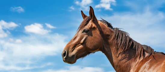 Poster - Portrait of the head of a brown horse against a blue sky Wide Angle. Creative banner. Copyspace image