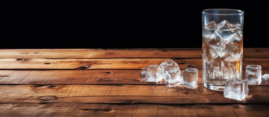 Wall Mural - The ice cubes in glass with water bottle on the old wooden table. Creative banner. Copyspace image