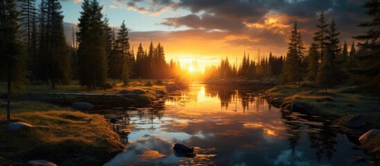 Wall Mural - forest reflection in river during sunset. creative banner. copyspace image