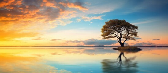 Poster - Beautiful sunset cloudy blue bright sky and golden light with silhouette tree reflect on calm water in the lake. Creative banner. Copyspace image