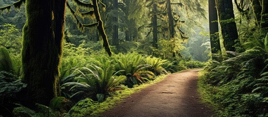 Poster - a path through the old trees and ferns. Creative banner. Copyspace image