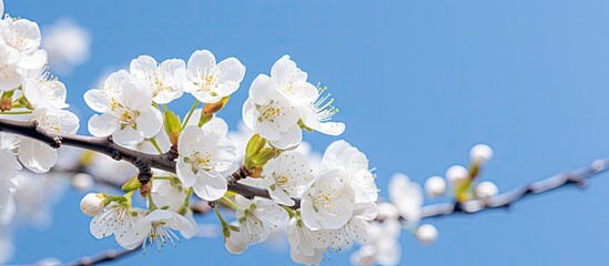 Poster - closeup of beautiful white plum blossom on tree in spring afternoon with blue sky in background. Creative banner. Copyspace image