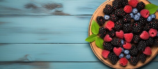 Aufkleber - Plate with blackberries and blueberries on blue wooden background Top view. Creative banner. Copyspace image