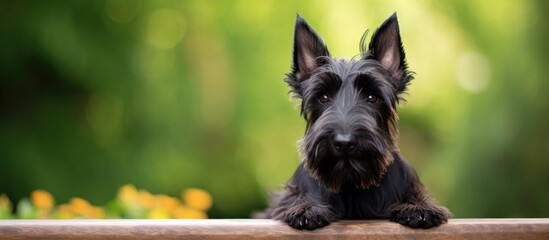 Poster - Scottish Terrier dog sitting on a white bench in the garden. Creative banner. Copyspace image