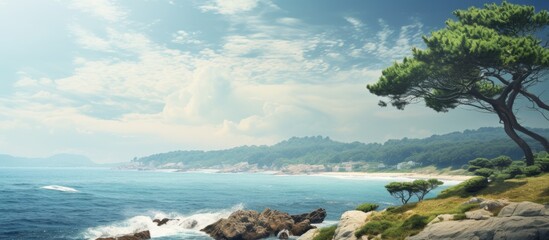 Poster - Picturesque sea coast against a backdrop of nature. Creative banner. Copyspace image