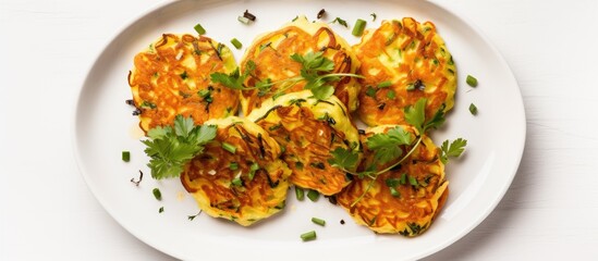 Poster - Zucchini pancakes with onion and parsley on white background top view above copy space