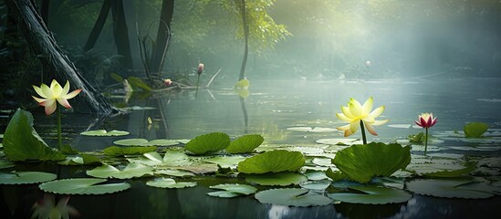 Aufkleber - Beautiful lotus leaf background in the pond. Creative banner. Copyspace image