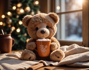 a teddy bear is holding a mug of hot chocolate in front of a christmas tree. winter season, holiday 