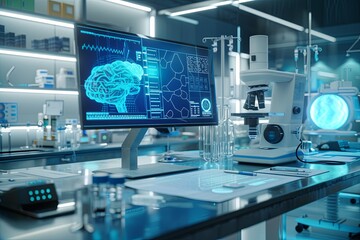 Poster - A modern medical laboratory with advanced equipment, including a computer displaying AI-powered diagnostic data and a microscope for further analysis. Generative AI