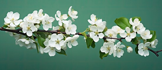 Poster - White apple blossoms and green background. Creative banner. Copyspace image