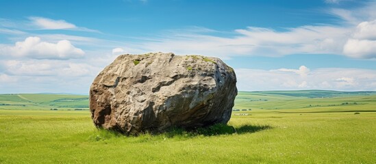 Poster - big shimmering stone on a background of blue sky and green grass. Creative banner. Copyspace image