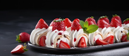 Aufkleber - Homemade Meringue roll garnished with strawberry slices. Creative banner. Copyspace image