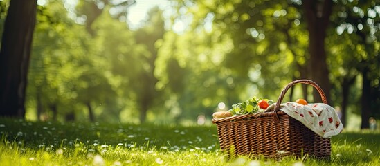 Wall Mural - green sunny day in park and picnic basket. creative banner. copyspace image