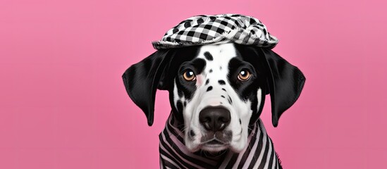 Poster - Dalmatian dog in a striped hat and a plaid scarf around his neck. Creative banner. Copyspace image
