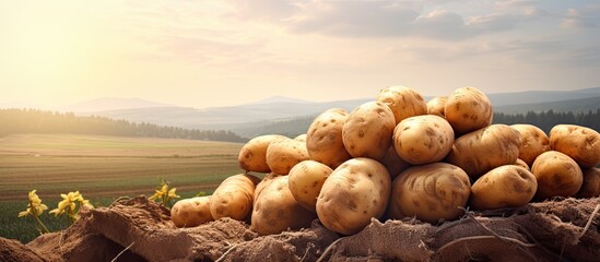 Aufkleber - Digging up potatoes. Creative banner. Copyspace image