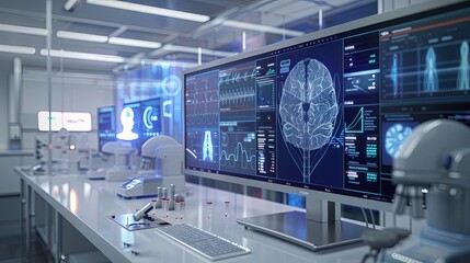 Leinwandbilder - A modern medical laboratory with advanced equipment, showcasing a large screen displaying AI-powered diagnostic data, including a detailed scan of a human brain. Generative AI