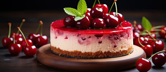 Wall Mural - piece of cherry cheesecake on table. Creative banner. Copyspace image