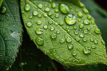 Wall Mural - A close-up of dew drops on a vibrant green leaf