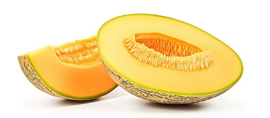 Poster - Sliced ripe juicy melon tropical fruit at summer time isolated on a white background. Creative banner. Copyspace image