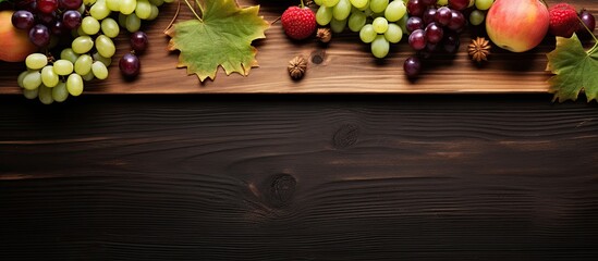 Poster - Autumn fruits green grapes and red watermelon on a wooden board view from above. Creative banner. Copyspace image