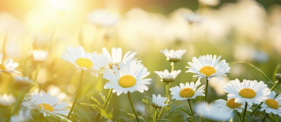 Sticker - Blooming Camomile flowers at flowerbed Square shot with sunlight. Creative banner. Copyspace image