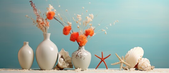 Poster - flower vases and shells on the table. Creative banner. Copyspace image